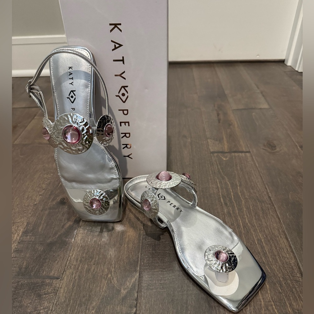 Katy Perry Camie Silver Jeweled Sandals Pink/Purple Gem Heels Sz 8.5 NWT